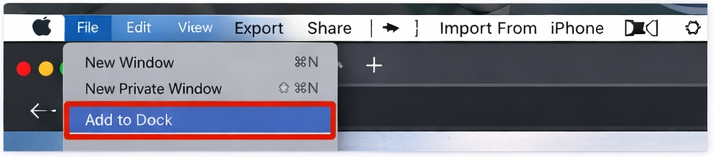 Safari File menu showing Add to Dock